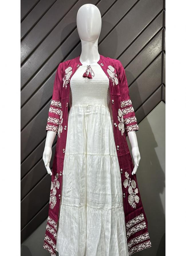 Roman Cotton Magenta Traditional Wear Thread Work Readymade Gown